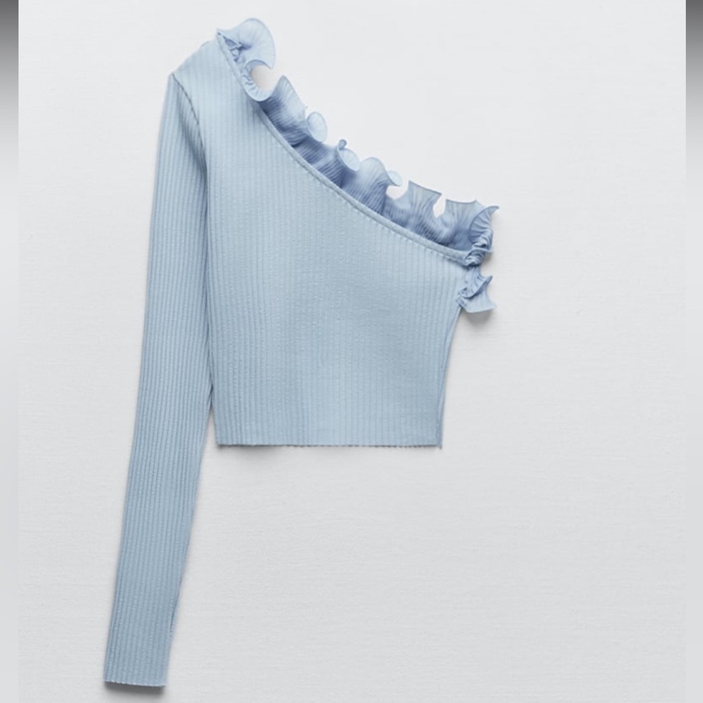 NWT ZARA Asymmetrical Blue Off Shoulder & Long Sleeve Top - Picture 5 of 12
